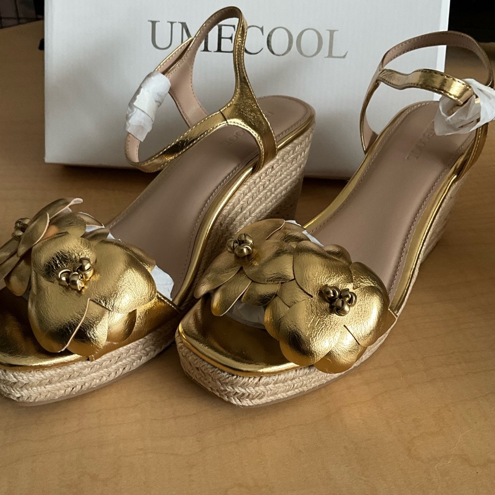 Gold Floral Wedge Sandals for Women